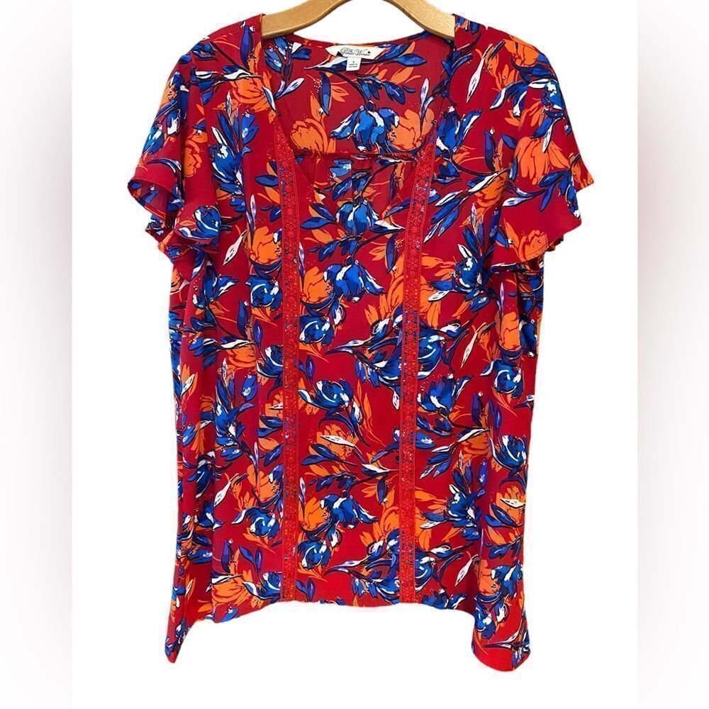 Pioneer Woman Sz L Red Blue Large Flowers Square Neckline Flowy Relaxed Fit Top